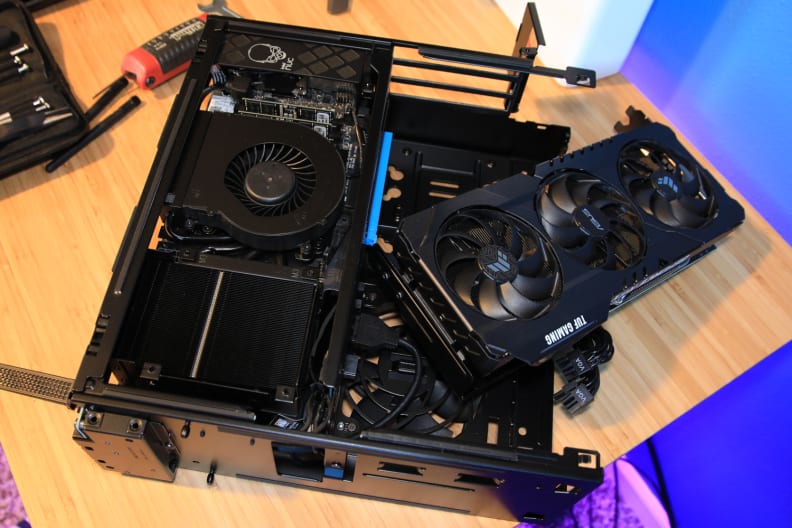 The open case showing an RTX 3080 card.
