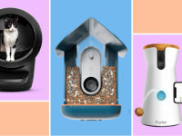 Three smart pet products on colorful background.