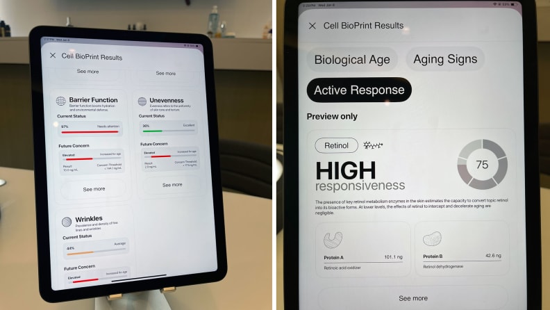 Side-by-side of tablet screens showing test results