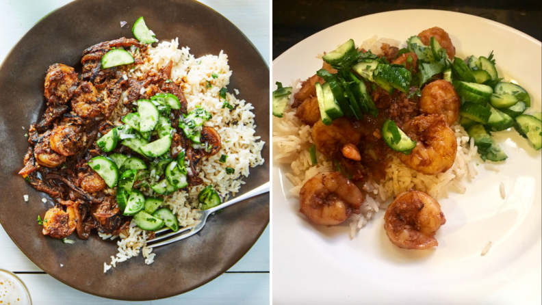 Left: Professionally styled dish comprised of Martha and Marley Spoon rice, shrimp, and cucumbers. Right: Rice, shrimp, and cucumber slices on a white plate.