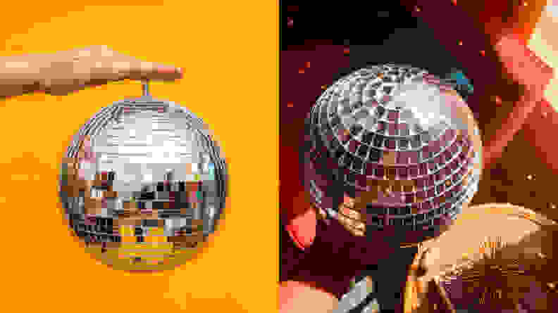 Left: Disco ball on yellow background. Right: Disco ball reflecting light into a room.