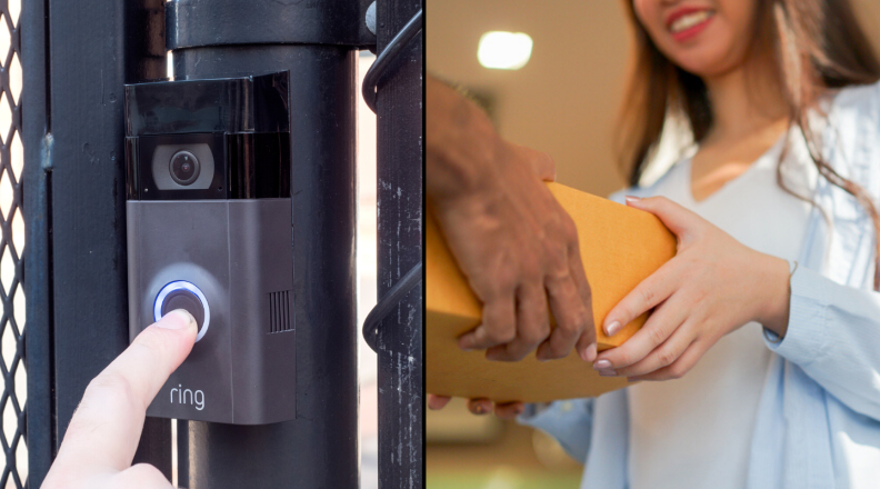 Person ringing doorbell and woman accepting package delivery