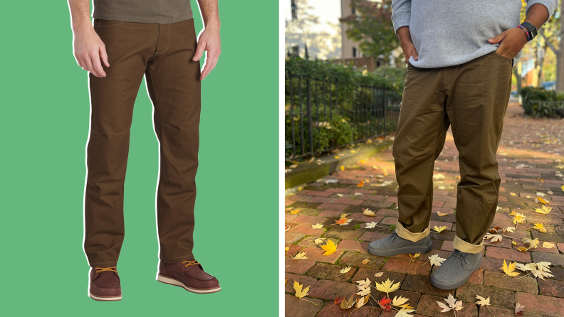 Collage image of khaki pants against green background, and seen on the author standing on the sidewalk.