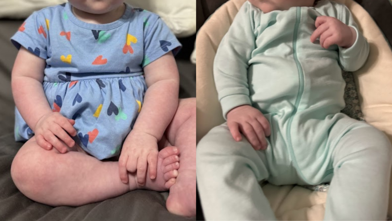 A photo collage of a small infant wearing a printed blue onesie dress and a solid mint green pajama set.