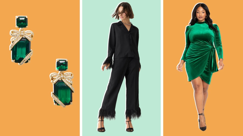 A pair of Kate Spade emerald earrings, a woman in a J.Crew paintsuit, and a woman in an Eloquii cocktail dress.