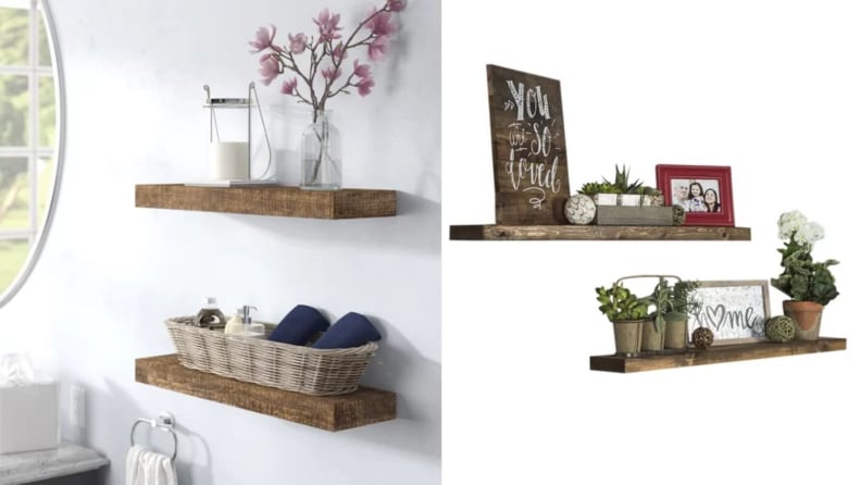 Side-by-side images of floating shelves on a wall