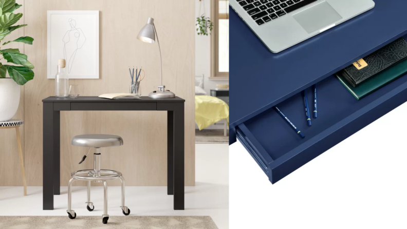 Black desk next to a blue drawer