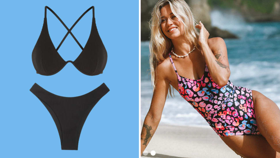 Photo of a black Zaful bikini on a blue background beside a photo of a woman wearing a Cupshe bathing suit on a beach.