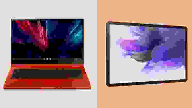 A red samsung laptop shown next to a samsung 2-in-1 tablet laptop.