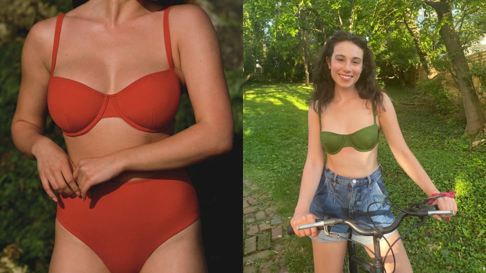 Left: woman wearing red cuup bathing suit. right: woman wearing green cuup bathing suit.