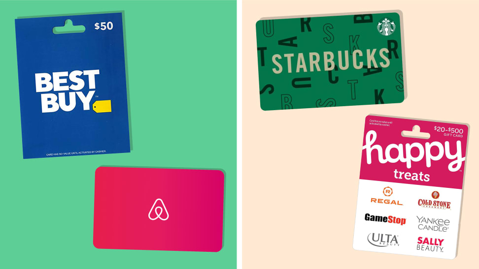 A selection of the best gift cards on Amazon including Best Buy, Airbnb, Starbucks, and Happy Treats on green and tan background.
