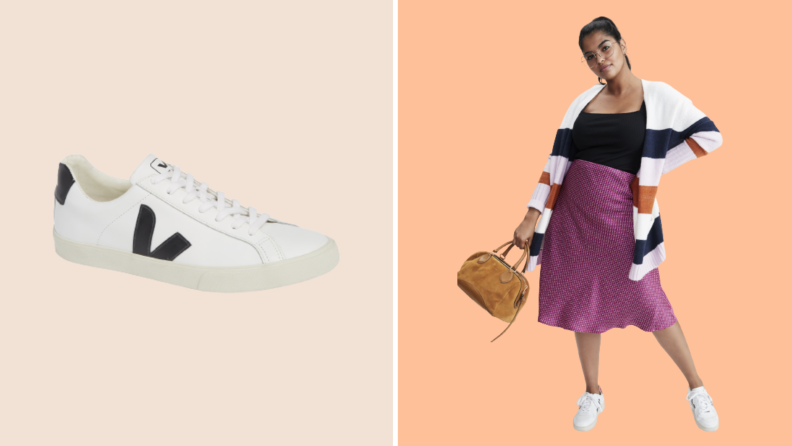 On the left is a Veja sneaker against a cream background, on the right a model wears Veja sneakers with a purple skirt and cardigan.