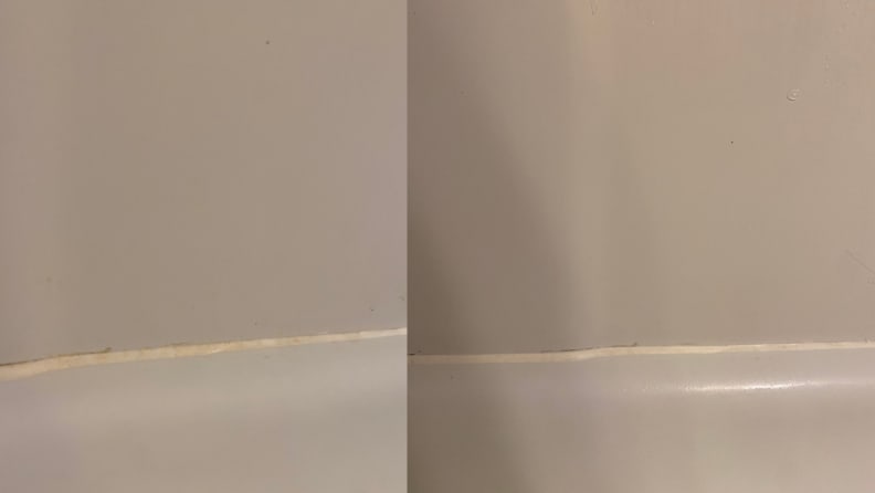 A side by side image of dirty grout and clean grout