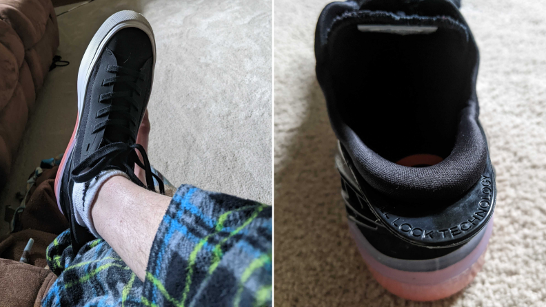 Two images of a Converse FlyEase shoe on a foot and a close up of its heel.