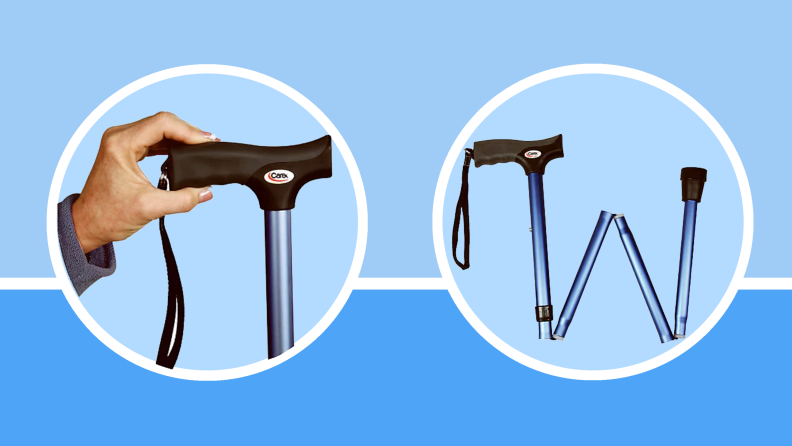 On left, person's hand rests on soft grip handle on cane. On right, blue cane folded together in front of blue background.