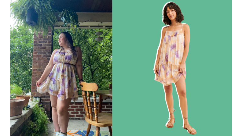 Collage of the author and a model wearing the Tie-Dye Lace Dress from Anthropologie, which is a mini dress.