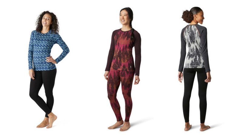 Three images of women modeling Smartwool thermal tops