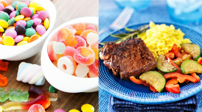 The left side of the image shows candy and the right side of the image shows a plate of home-cooked food.
