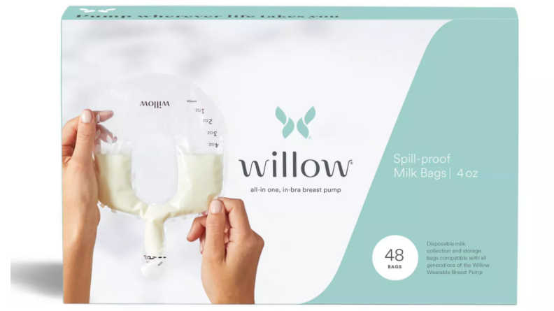 Packaging for the Willow all-in-one breast pump shows a pair of hands holding the proprietary, disposable collection bags.
