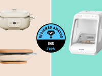 A slow-cooker, a sourdough container and a pet feeder sit on a pastel background
