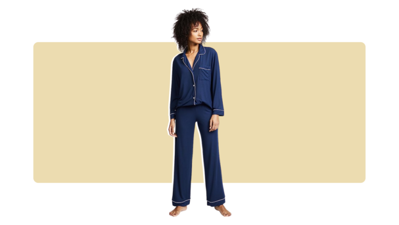 Classic satin matching Eberjey pajamas in navy blue.