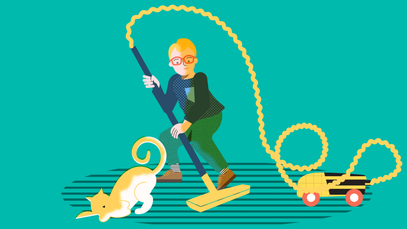 An illustration of a young boy vacuuming with a cat next to him.