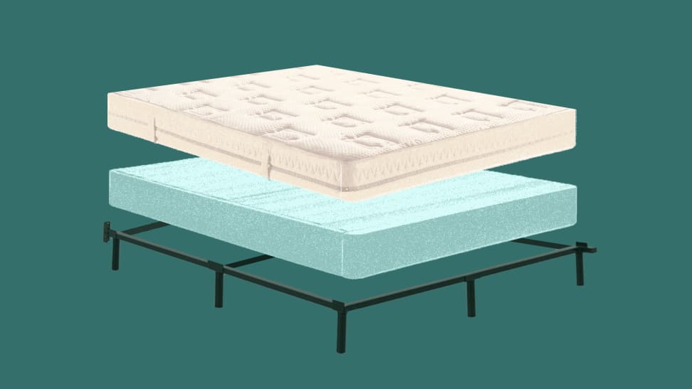 Cartoon graphic of mattress, box spring, and black metal frame all floating on top of each other.