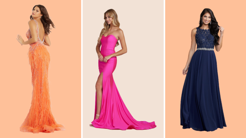 A feathered orange dress, a hot pink mermaid silhouette gown, and a blue gown.