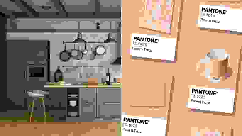 Left: shot of earthy kitchen with green cabinets and wooden countertops. Right: layout of Pantone colored products