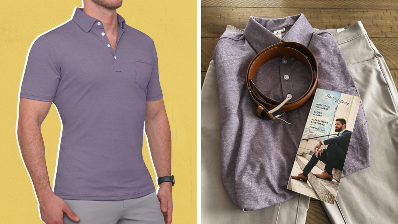A model wearing a purple polo shirt, and a pair of chinos, a purple polo, a belt, and a pamphlet from State and Liberty on a tabletop.