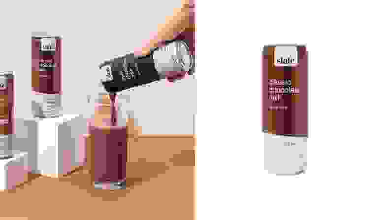 Left: A stylized photo of three cans of chocolate milk in which a hand pours one of the cans into a clear glass. Right: A can of chocolate milk against a white background.