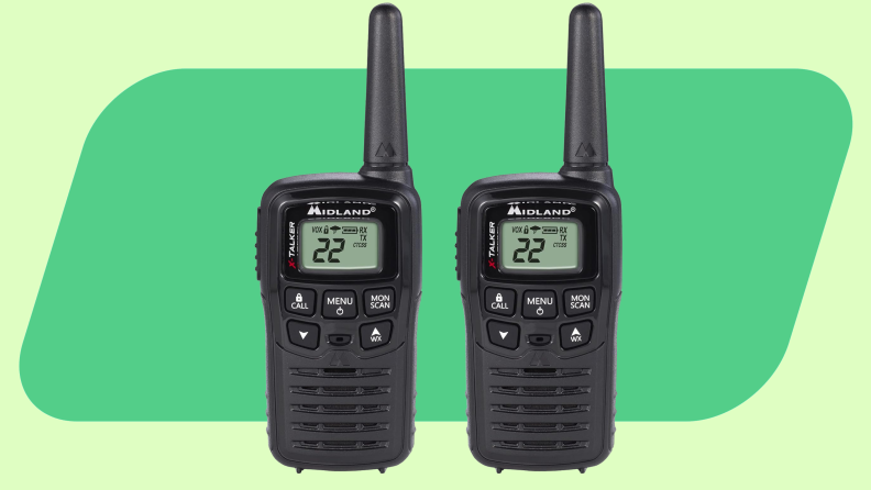 Two Midland X Talker T10 Radios on a green background