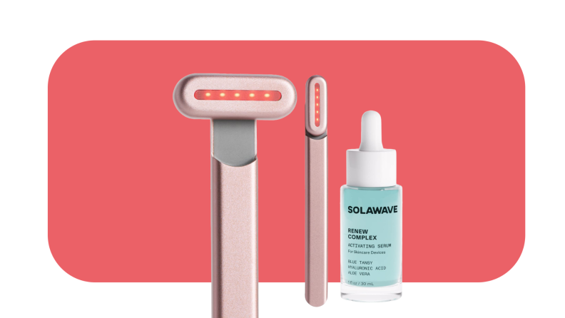 SolaWave Wand and serum in front of a red background.