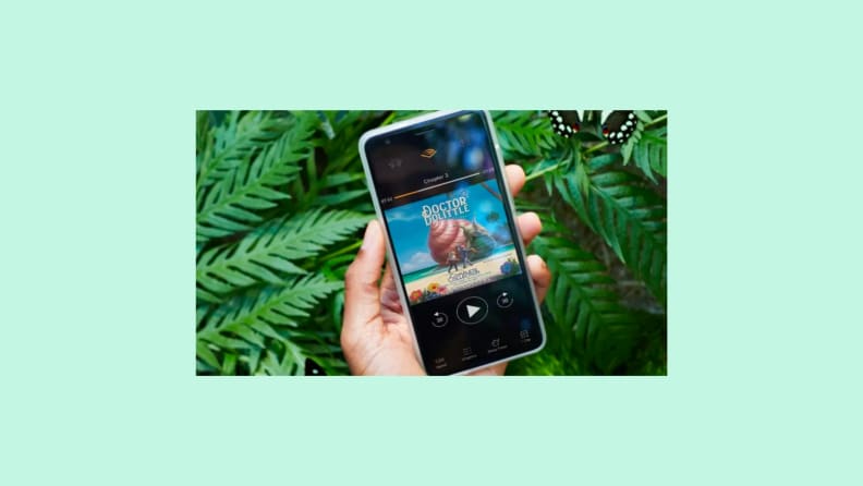 A phone displaying the Audible app is held over ferns.