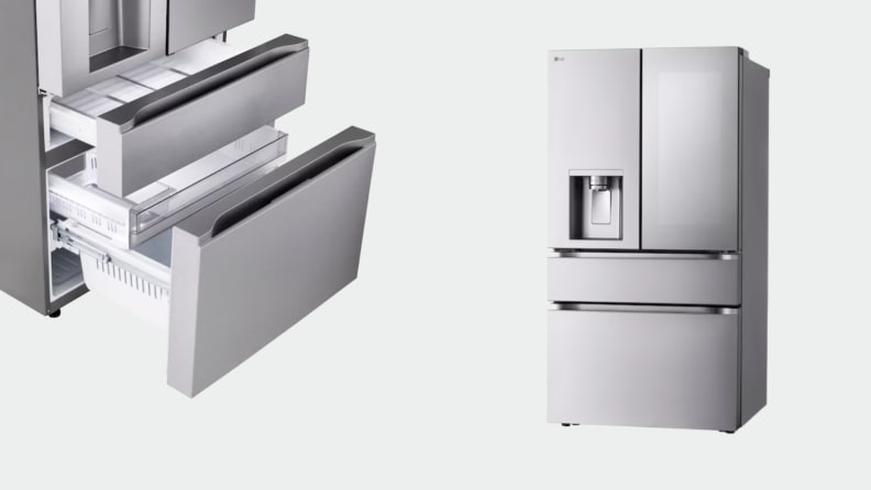 Open refrigerator drawers next to a full refrigerator