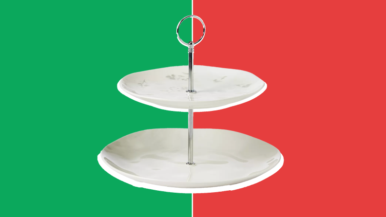 White, porcelain two-tier platter in front of a red and green collage.