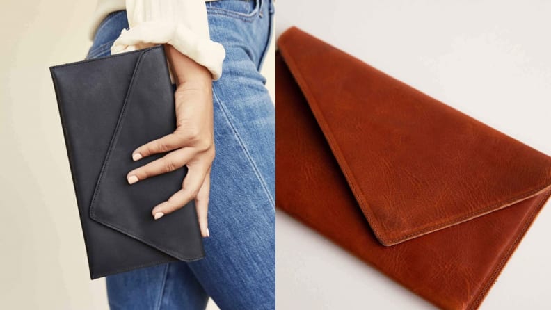 A hand holds a black clutch. A brown clutch.