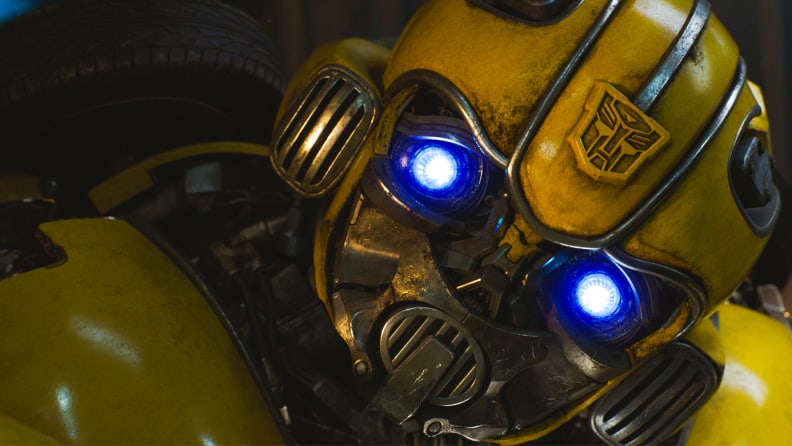 Close-up of Bumblebee, the heroic Autobot voiced by Dylan O’Brien.