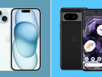 A collage with an Apple iPhone and a Google Pixel 8 smartphone.