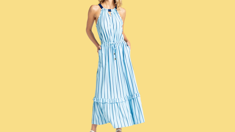 A blue and white striped maxi dress.