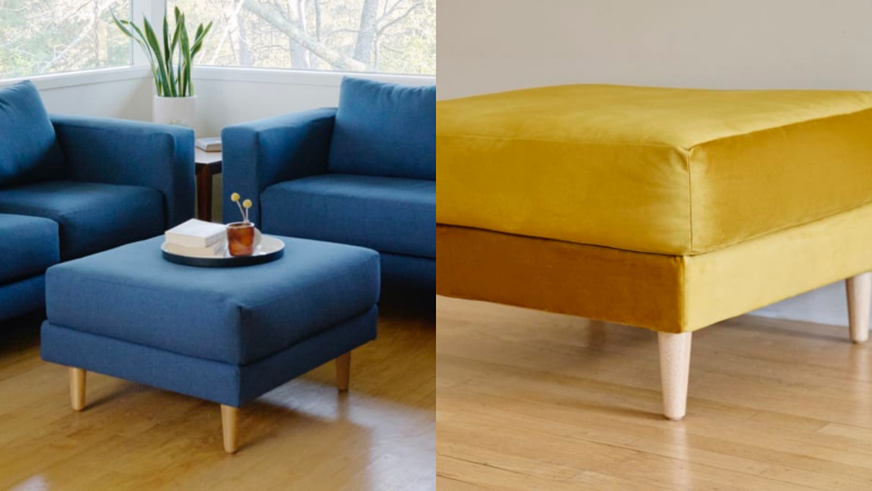 Left: close-up of a blue ottoman surrounded by blue couches, Right: close-up of a yellow velvet ottoman on hardwood floor