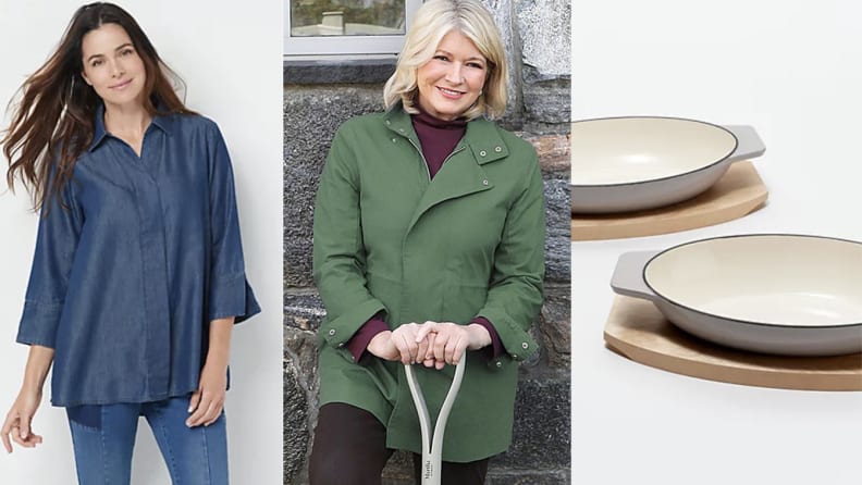 left: women wearing chambray shirt, center: Martha stewart in green jacket, right: Au gratin pans