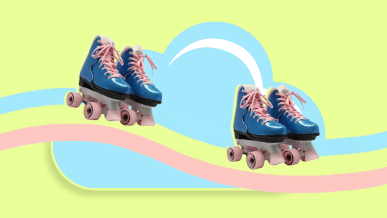 Two blue and pink pairs of roller skates.