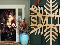 Left: Santa Claus mural door decoration in a porch entry way with a couch and potted plant. Right: round wooden door hanger with a black and white plaid bow and faux evergreens.
