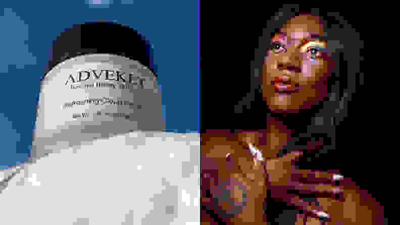 a white container of cream sitting on a white concrete ledge with the blue sky in the background next to a beautiful Black woman looking up with a black background while she's wearing a lot of makeup