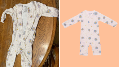 On left, children's onesie laying on wooden table. On right, product shot of the Magnetic Me printed coverall.