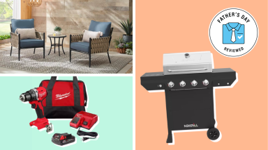 A collage featuring a Hampton Bay patio set, a Nexgrill barbecue, and a Milwaukee drill.