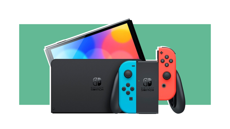 Nintendo Switch handled gaming console next to larger screen tablet.