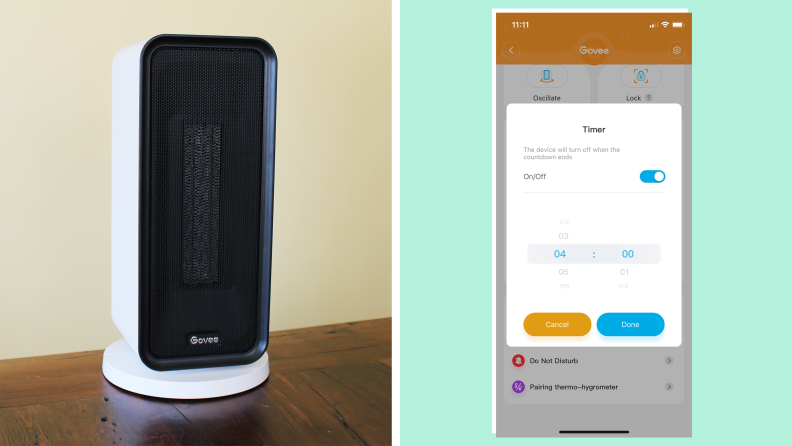 The Govee Smart Space Heater side by side the Govee app
