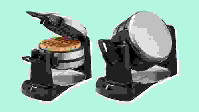 Left: waffle maker with lid removed revealing cooked waffle. Right: waffle maker tilted to show the machine flipping